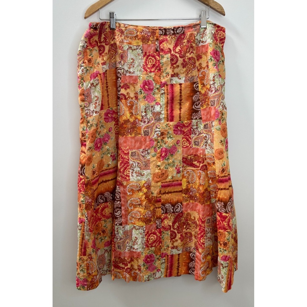 CJ Banks Orange Paisley Floral Patchwork Embroidered Midi Skirt Boho Plus Sz 16W - Picture 12 of 12